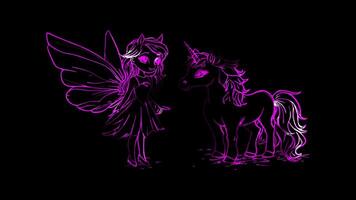 Neon frame effect,Fairy and a Little Unicorn on black background. video