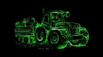 Neon frame effect, tractor and a load of vegetables on black background. video