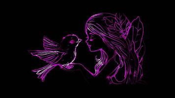 Neon frame effect, Fairy with a Tiny Bird on black background. video