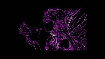 Neon frame effect, Fairy with a Tiny Bird on black background. video