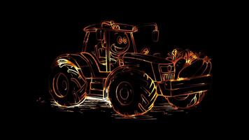 Neon frame effect, tractor and a load of vegetables on black background. video
