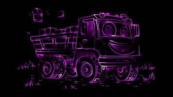 Neon frame effect, tractor and a load of vegetables on black background. video
