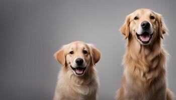 two golden retrievers are sitting next to each other on gray background photo