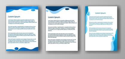 Three different document templates featuring wave designs at the top and bottom, each with Lorem Ipsum placeholder text. Set against a gray background. Concept of mockup and template vector