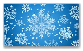 White snowflakes of various sizes on a blue gradient background with bokeh effect. Winter holiday theme, festive and cold season concept. illustration vector