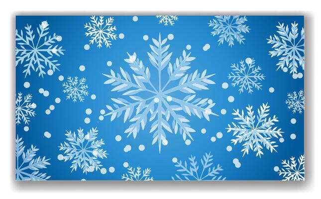 White snowflakes of various sizes on a blue gradient background with bokeh effect. Winter holiday theme, festive and cold season concept. illustration