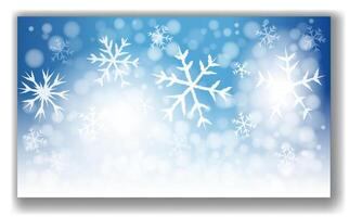 White snowflakes of various sizes on a blue gradient background with bokeh effect. Winter holiday theme, festive and cold season concept. illustration vector