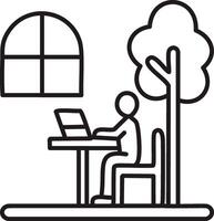 a simple line drawing human sitting on a chair and doing activity on simple line table, nearby simple line tree, nearby simple line window vector