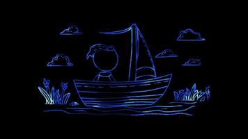 Neon frame effect, boat with a sail and a cheerful black background video
