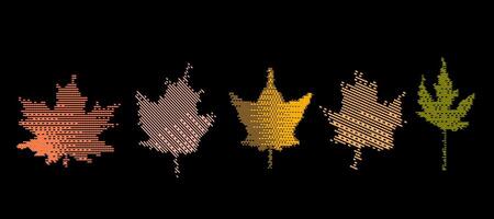 Autumn pixelated leaves illustrations set. Collection of embroidery effect foliage. Fall season symbol stitched style. Decorative design element vector