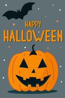 Fall Halloween card with pumpkin, moon and flying mice. Scary pumpkin and bats against the moon. Stash night. With text. vector