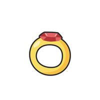 golden ring with ruby stone in outline flat design. vector