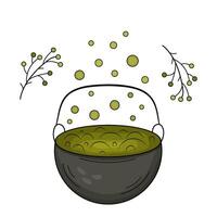 Cauldron of green liquid boils and bubbles. Witches cauldron with handle with potion, dry twigs. Isolated illustration theme magic, Halloween, esotericism. vector