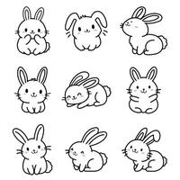 Bunny outline set. cute rabbit line art with different pose designs vector