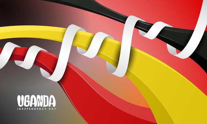 Wavy 3d shapes of black yellow and red design wrapped with white ribbon. Uganda independence day. Also good template for uganda national day