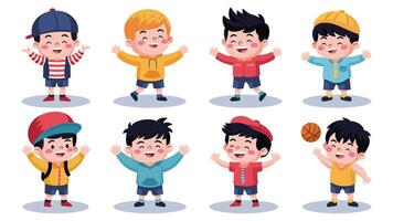 A group of young boys are standing in a row, all smiling vector