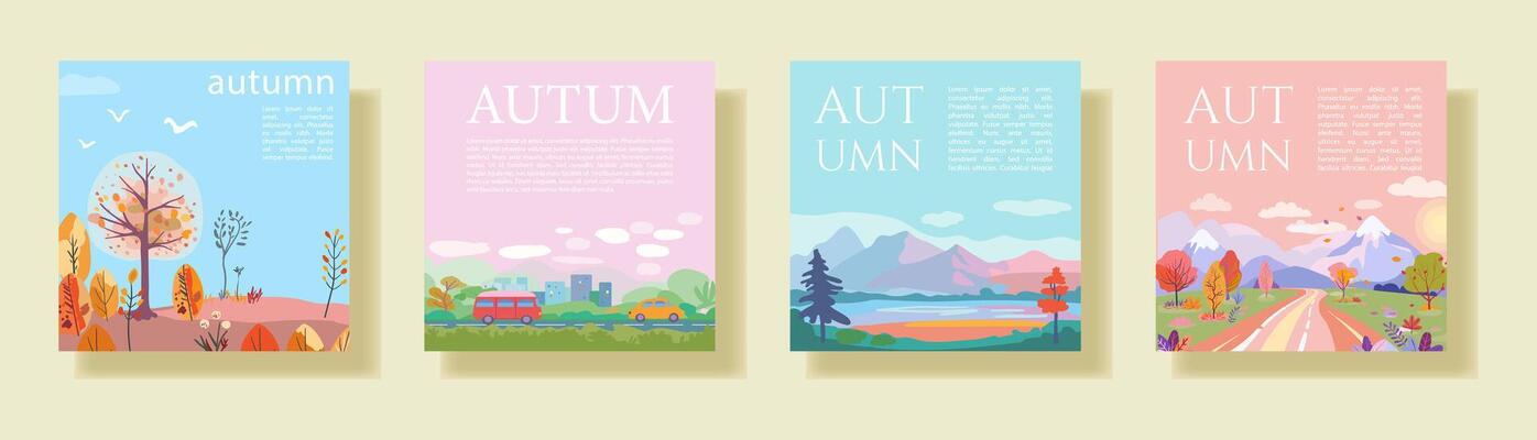 Square posters with autumn-themed illustrations..