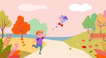 Illustration of a Child Flying a Kite in an Autumn Park.. vector