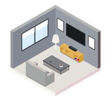Isometric living room with sofa, table, floor lamp and tv. Room with gray walls and glass windows on white vector