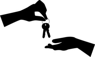 Black silhouette of hand that giving two keys to another hand. vector
