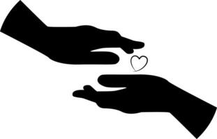 Black silhouette of two hands with an outline of a small symbol of heart between them. vector