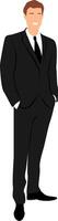 Dark haired smiling man wearing in business suit standing with his hands in his pants pockets. vector