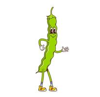 Groovy bean pod vegetable retro cartoon character vector