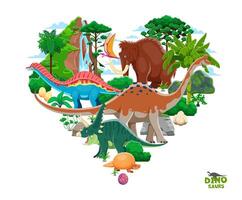 Prehistoric dinosaur characters in heart shape vector