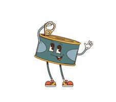 Cartoon sardine can, retro groovy camp character vector