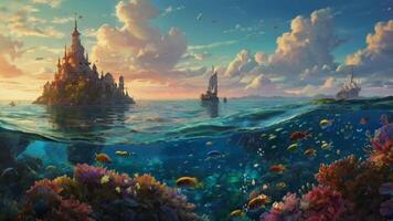 An enchanting underwater scene with sunbeams filtering through the water, illuminating vibrant coral reefs, colorful fish, and an ancient tower standing majestically amidst the marine life video