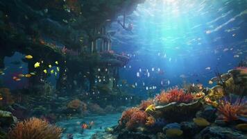 An enchanting underwater scene with sunbeams filtering through the water, illuminating vibrant coral reefs, colorful fish, and an ancient tower standing majestically amidst the marine life video