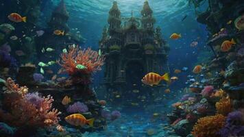 An enchanting underwater scene with sunbeams filtering through the water, illuminating vibrant coral reefs, colorful fish, and an ancient tower standing majestically amidst the marine life video