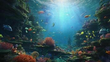 An enchanting underwater scene with sunbeams filtering through the water, illuminating vibrant coral reefs, colorful fish, and an ancient tower standing majestically amidst the marine life video