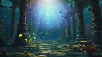 An enchanting underwater scene with sunbeams filtering through the water, illuminating vibrant coral reefs, colorful fish, and an ancient tower standing majestically amidst the marine life video