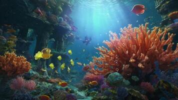 An enchanting underwater scene with sunbeams filtering through the water, illuminating vibrant coral reefs, colorful fish, and an ancient tower standing majestically amidst the marine life video