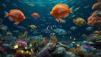 An enchanting underwater scene with sunbeams filtering through the water, illuminating vibrant coral reefs, colorful fish, and an ancient tower standing majestically amidst the marine life video