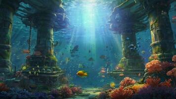 An enchanting underwater scene with sunbeams filtering through the water, illuminating vibrant coral reefs, colorful fish, and an ancient tower standing majestically amidst the marine life video