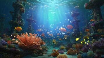 An enchanting underwater scene with sunbeams filtering through the water, illuminating vibrant coral reefs, colorful fish, and an ancient tower standing majestically amidst the marine life video