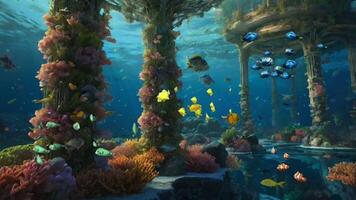 An enchanting underwater scene with sunbeams filtering through the water, illuminating vibrant coral reefs, colorful fish, and an ancient tower standing majestically amidst the marine life video