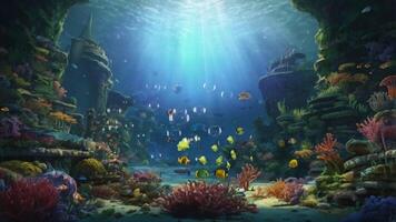 An enchanting underwater scene with sunbeams filtering through the water, illuminating vibrant coral reefs, colorful fish, and an ancient tower standing majestically amidst the marine life video