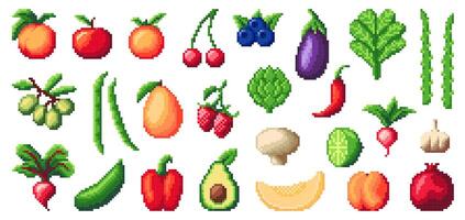 8bit pixel art vegetables and fruits, game asset vector