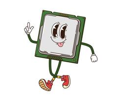 Cartoon groovy computer chip processor character vector