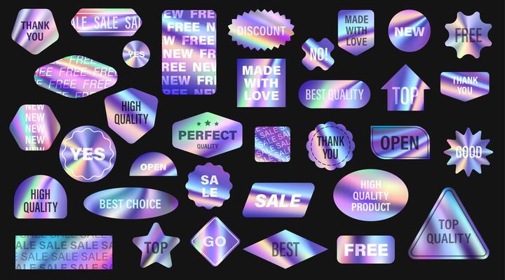 Hologram gradient stickers, y2k iridescent labels