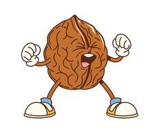 Cartoon groovy walnut nut flexing its muscles vector