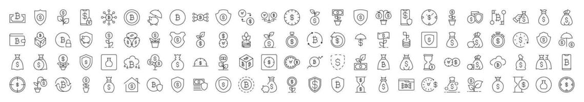 Insurance and Money Savings Line Icon Set. Contains Icons of Dollar, Shield, Bag, Wallet that Can Be Used for Design of Cards, Posts, Apps, Web Sites vector