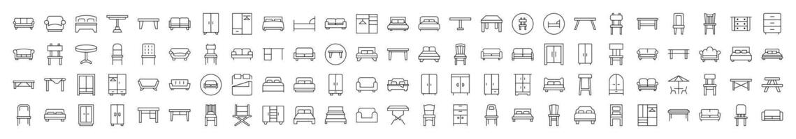 Couch, Sofa, Table, Chair Line Icon Set. Editable Stroke. Minimalistic Linear Pictogram for Design of Cards, Apps, Banners, Posts vector