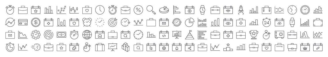 Briefcase, Clock, Startup, Analyzing, Management Thin Line Icon Set. Editable Stroke. Suitable for Banners, Cards, Social Networks, Apps vector