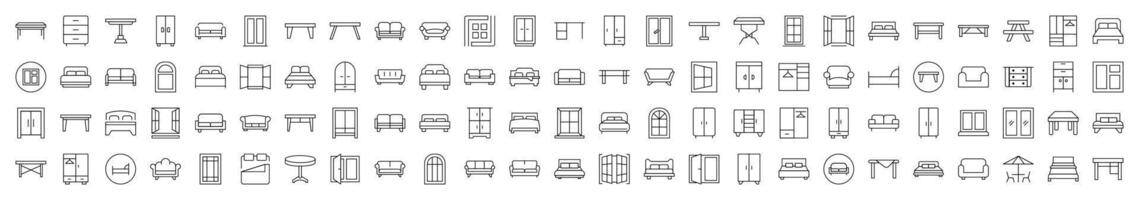 Collection of Furniture Related Line Icons. Editable Stroke for Design, Web Sites, Apps, Cards. Contains Linear Images of Dresser, Couch, Sofa, Table, Window vector