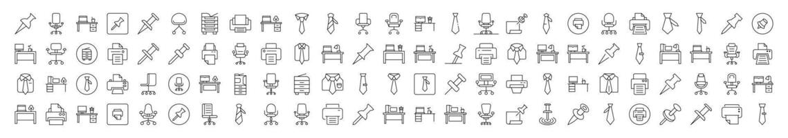 Office Line Icon Pack. Modern Collection for Design, Web Sites, Apps, Cards. Contains Linear Images of Push Button, Tie, Workspace vector