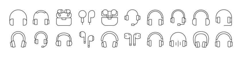 Headphones and Earphones Outline Web Line Icons Collection. Editable Stroke. Minimalistic Linear Pictogram for Design of Cards, Apps, Banners, Posts vector